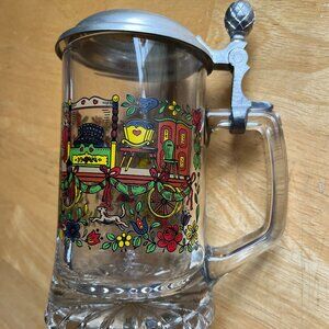 German Rein-Zinn Vintage Pewter Lid Painted Renaissance Glass Beer Stein.